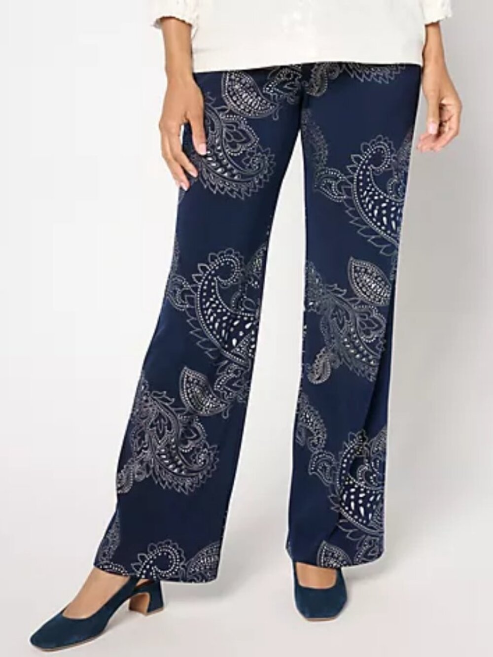 Susan Graver Regular Metallic Print LK Fusion Boot Cut Pant, Navy Sz L a672495